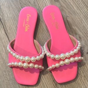 Chase + Chloe Hot Pink Pearl-Trim Slide Mules